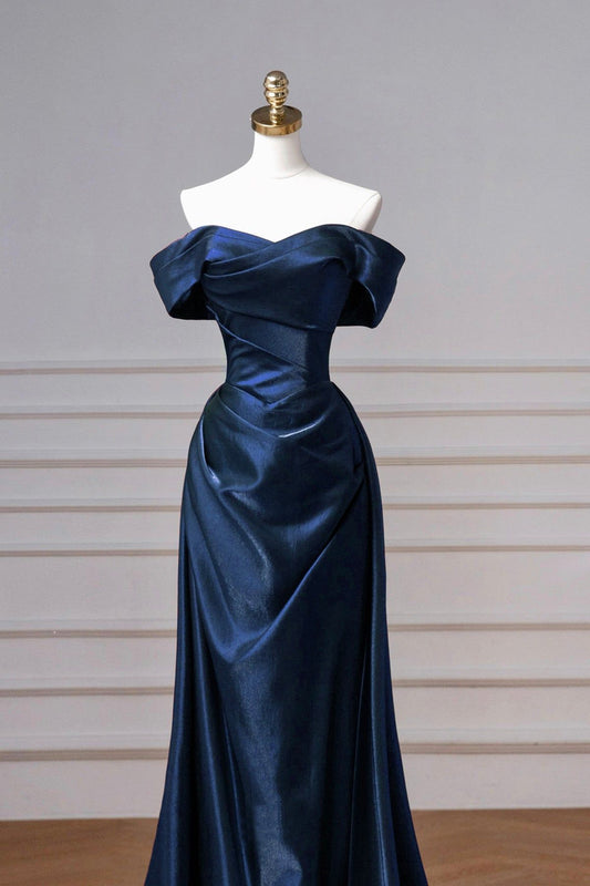 Elegant A Line Off the Shoulder Navy Blue Satin Prom Dresses Long Wedding Guest Dress Evening Dress AB689