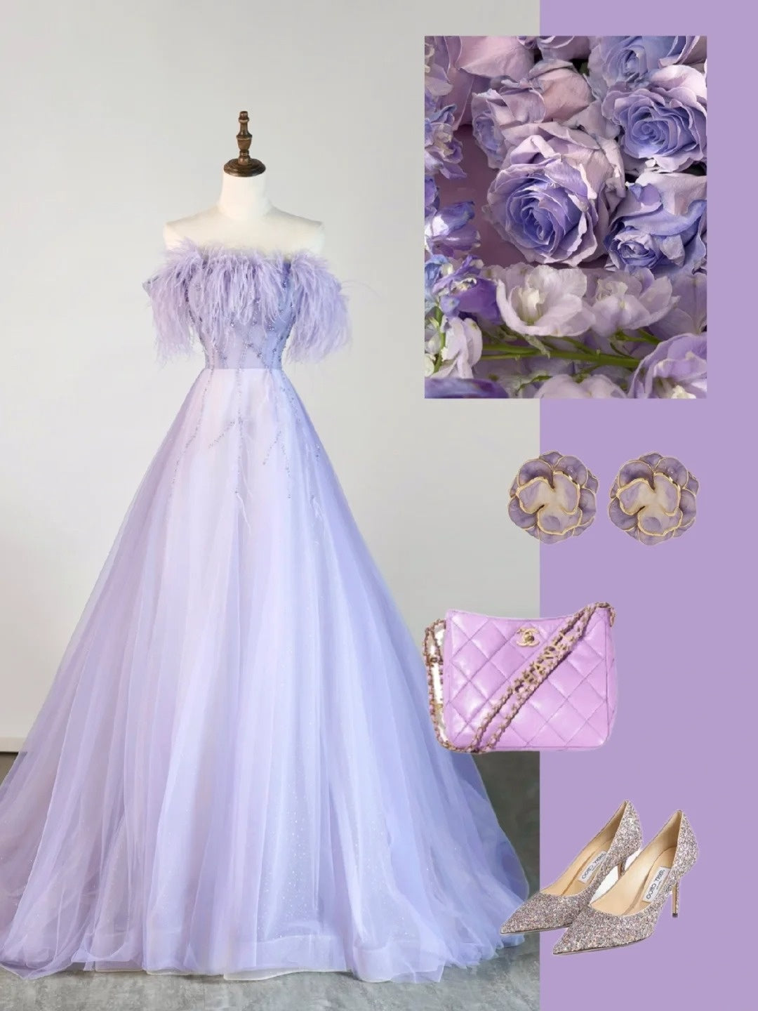 Ball Gown Strapless Lilac Tulle With Feathers Long Prom Dress Fashion Aesthetic High School Formal Dresses Party Outfits Prom Gown N678
