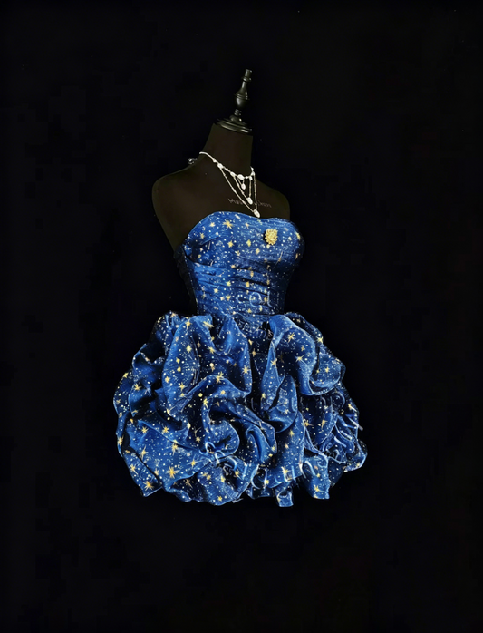 Glam Ball Gown Sweetheart Navy Blue With Gold Strars Party Dress Cocktail Gown Homecoming Dresses N3813