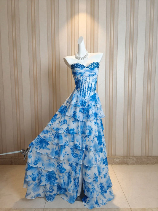 Modest A line Sweetheart Floral Blue Chiffon Ruffled Tiered Layers Evening Dresses Night Date Prom Dress N4482