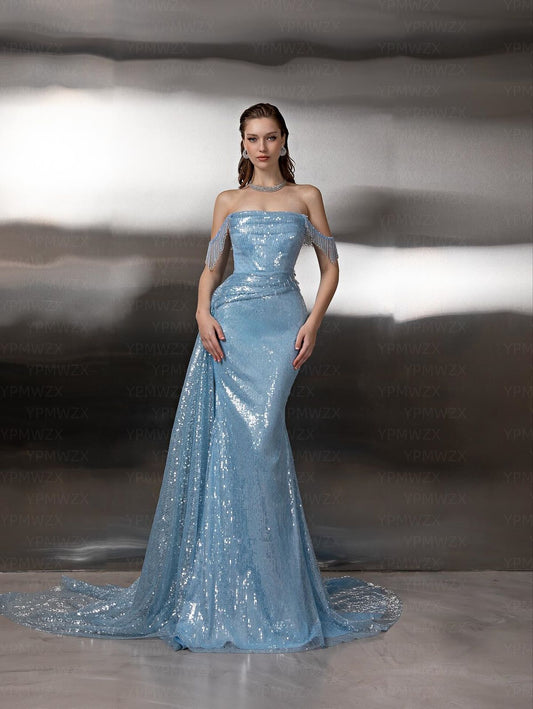 Customized Evening Dress Off-the-shoulder Mermaid Floor length Sequin Tassel Prom Gown AB1677