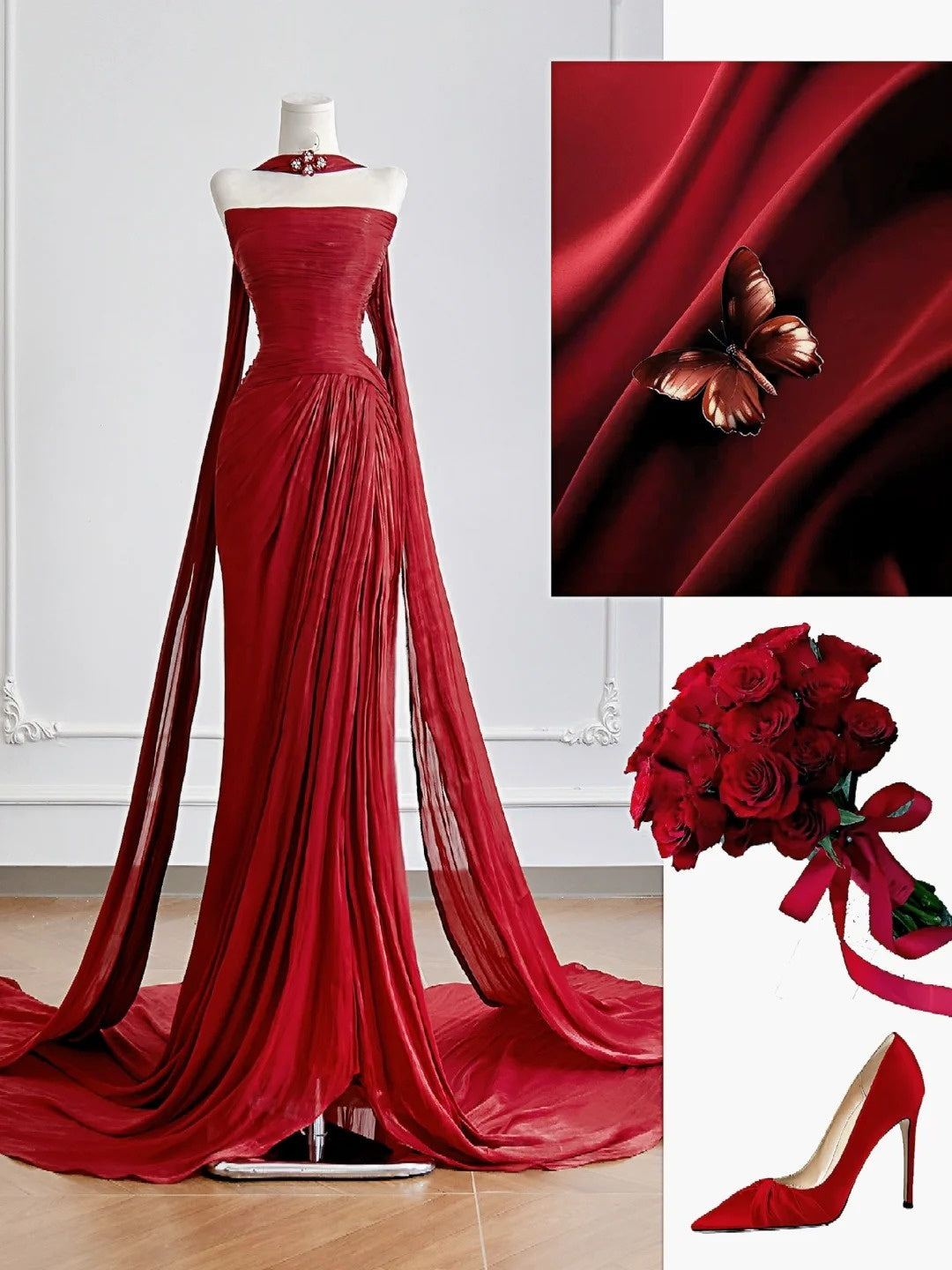 Timeless Mermaid Strapless Red Chiffon With Scarf Slit Long Prom Dresses Inspiration Party Gowns N307