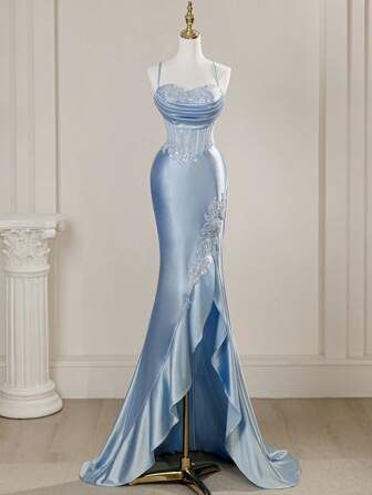 Vintage Sky Blue Applique Sequin Sheath Sweetheart Satin Evening Gown Spaghetti Strap Party Dress Slit Ruffled Long Formal Dress AB1678