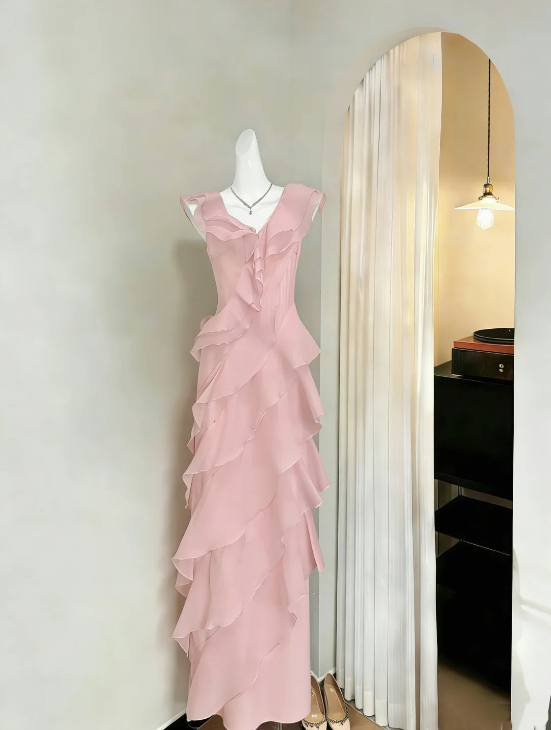 Pretty A line V Neck Pink Spring Summer Event Outfits Chiffon Wedding Guest Dresses RB3964