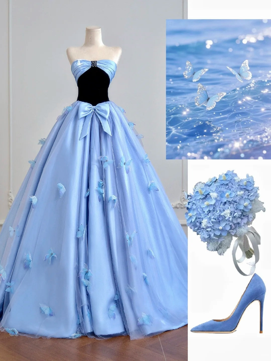 Timeless Ball Gown Strapless Blue Satin With Bow-knot Long Prom Dresses Inspiration Party Gowns N308