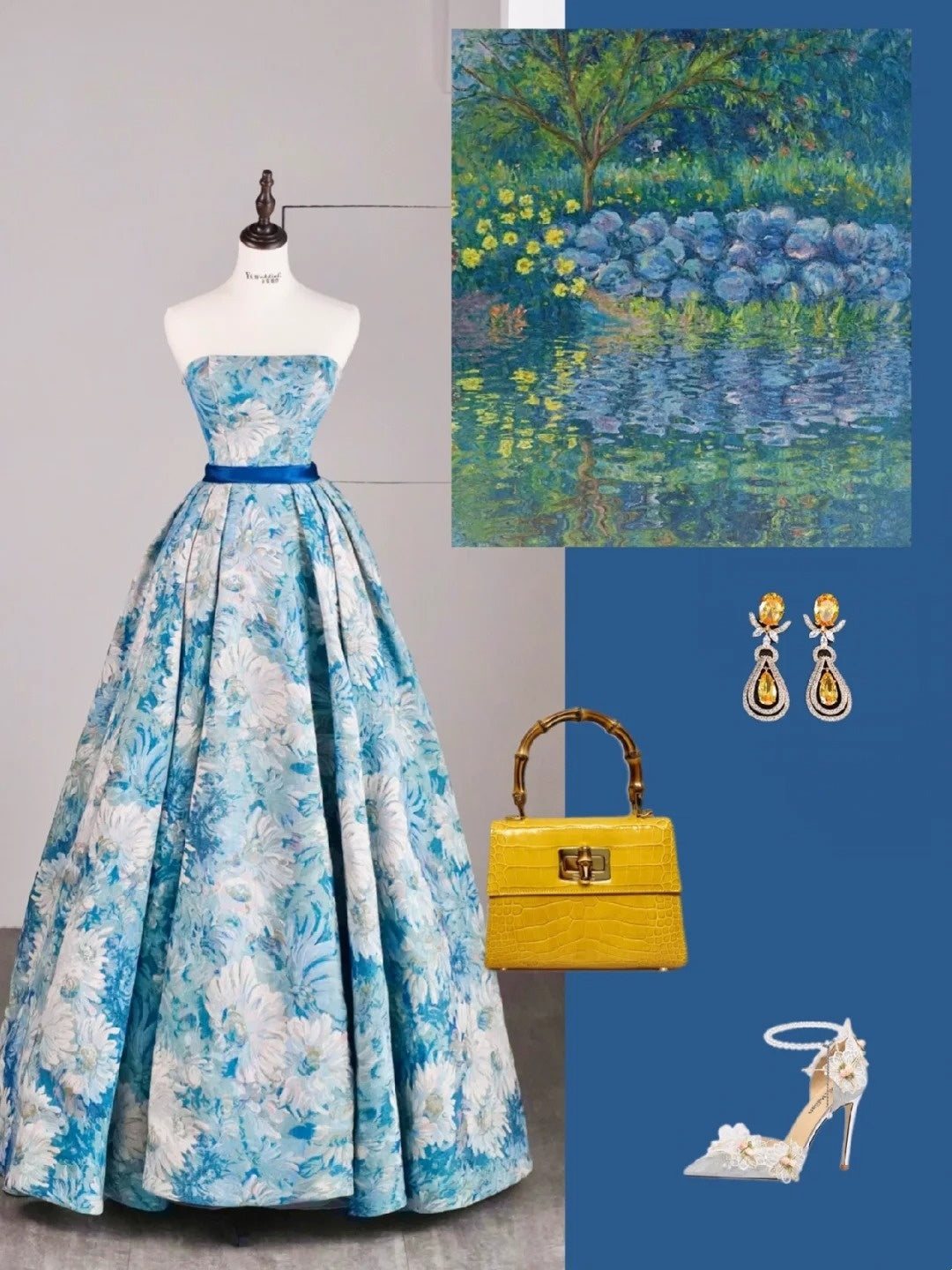 Beautiful Ball Gown Strapless Blue Floral Satin Long Prom Dresses Formal Gowns Inspo Evening Outfit N241
