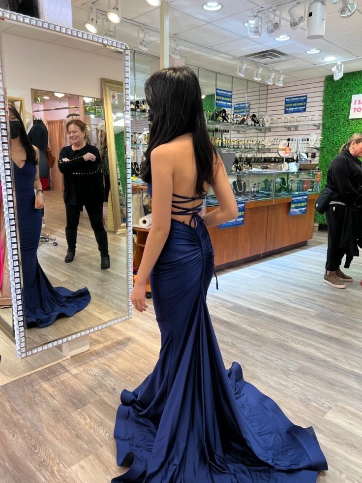 Simple Spaghetti Straps Navy Blue Mermaid Inspo Formal Party Gowns Long Prom Dress AB1706