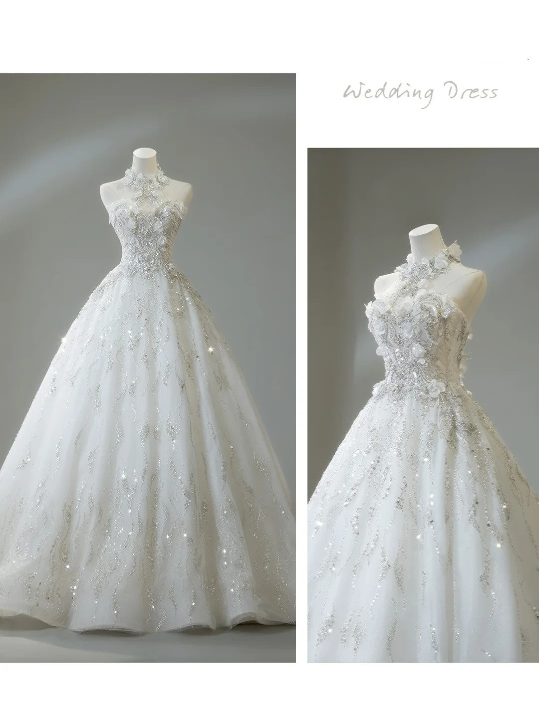Classic Ball Gown High Neck Wedding Dresses Crystal Beading Sequin White Brides Dress Summer Bridal Gowns N276