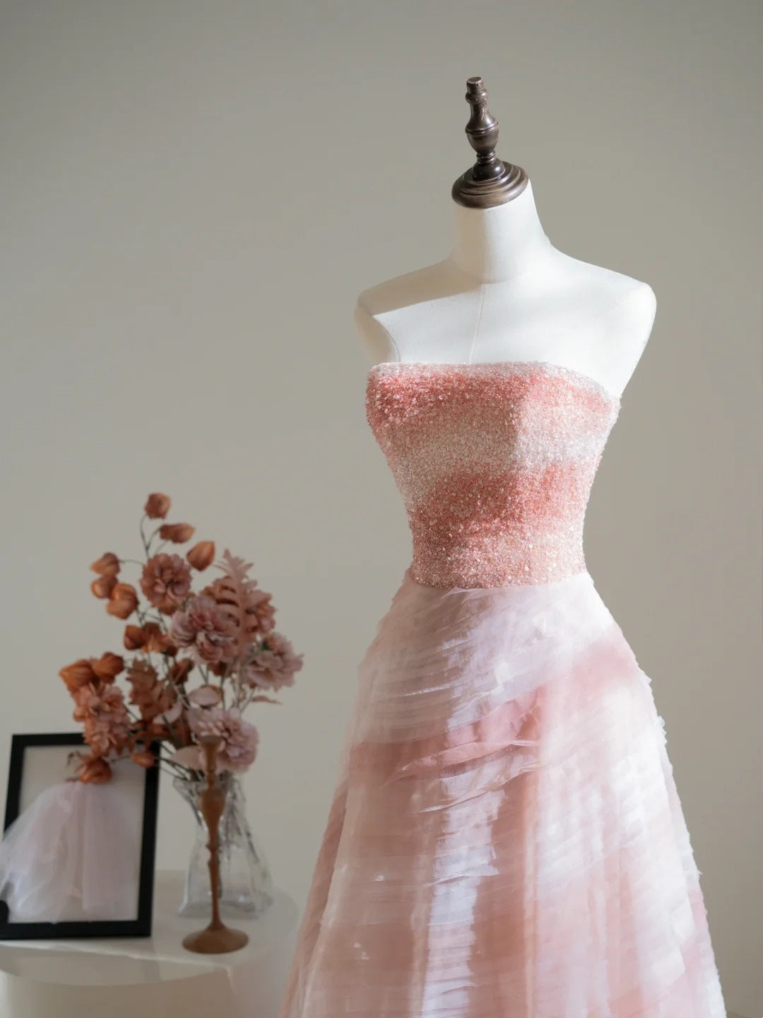 Classy Ball Gown Strapless Pink Tulle Crystals Beading Prom Dresses Long Party Dress 18th Birthday Outfit Graduation Dress N233