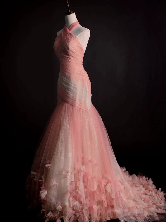 Classy Mermaid Halter Tulle Pink College Formal Outfit Long Prom Dress Graduation Dresses N1229
