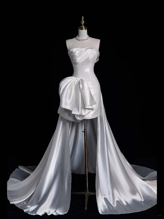 Princesses Elegant Sheath Strapless White Sequined With Satin Train Wedding Gown Short Fairytale Summer Wedding Dresses N668