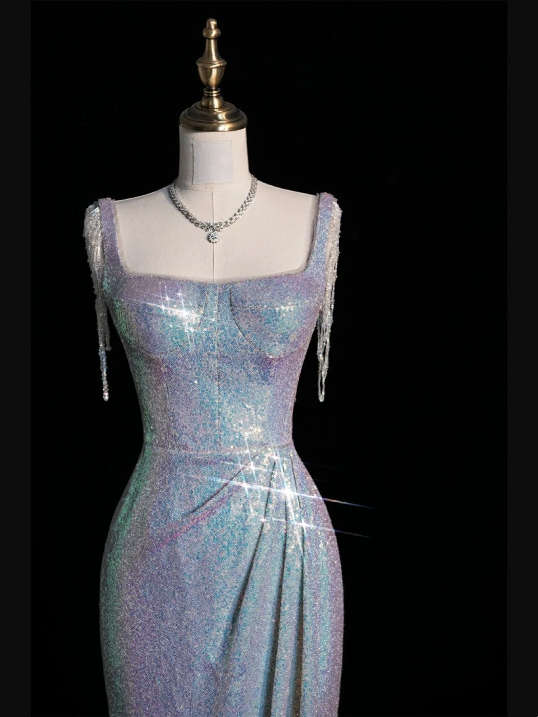 New Mermaid Square Neck Sequins Silver Long Prom Dresses For High School Teens Girls Formal Bridesmaid Dress N1074