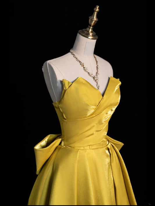 Chic Ball Gown Sweetheart Yellow Satin Senior Prom dresses High School Long Formal Dress N1261