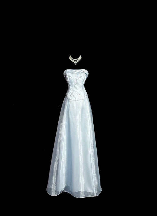 Beautiful Prom Dresses A line Strapless Light Sky Blue Satin Long Evening Outfits N3437