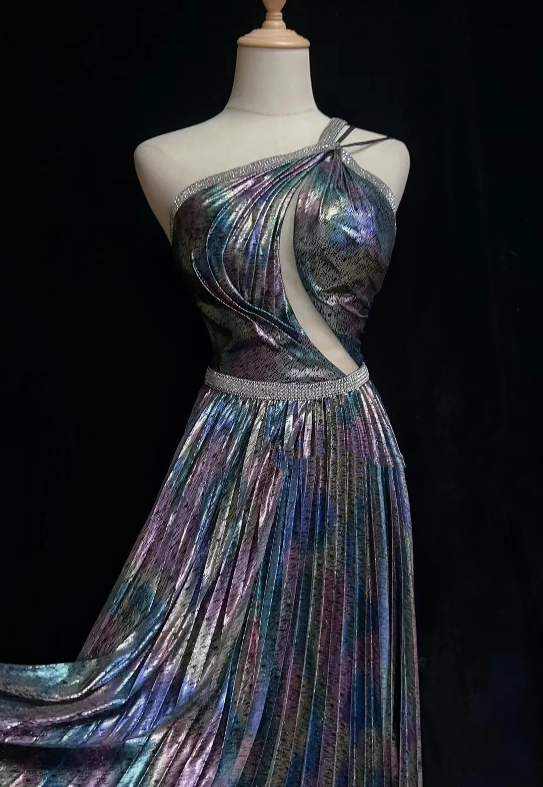 Vintage Prom Dresses 1980s A line One Shoulder Beaded Long Prom Gown N3121