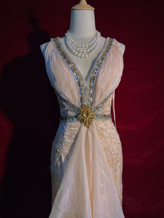 Vintage Prom Dresses 90s Mermaid V Neckline Champagne Lace Long Semi Formal Evening Outfits N3652