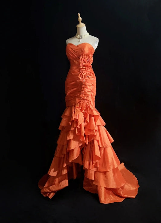 Vintage Prom Dresses Mermaid High Low Sweetheart Orange With Layered Tiered 80s Long Formal Gown N2731
