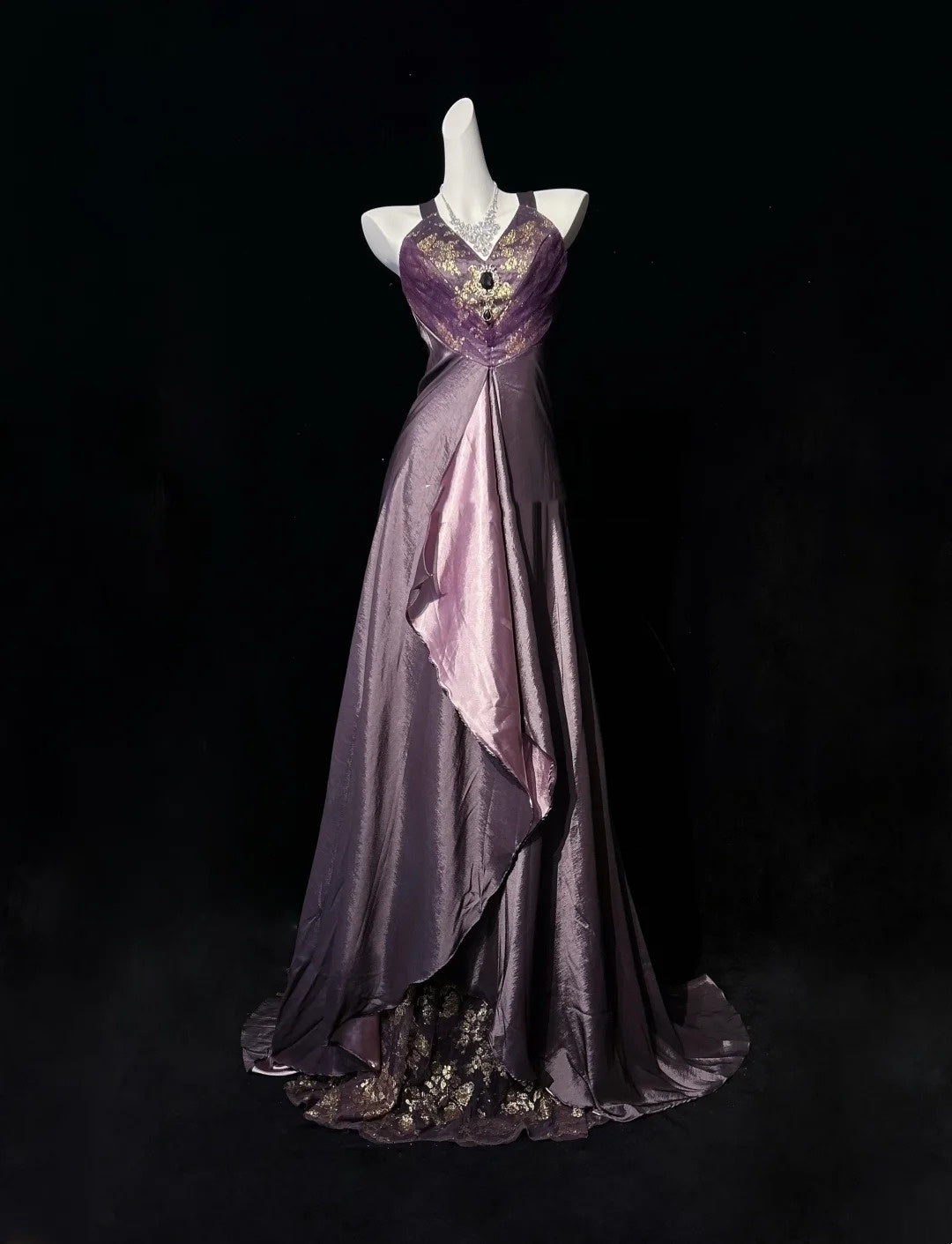 Vintage Prom Dresses 1950s A Line Halter Grape Satin With Gold Lace Sl – RubyFashionDress