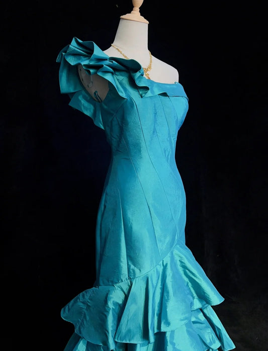 Vintage Prom Dresses 80s Mermaid One Shoulder Blue Satin Sleeveless With Ruffled Semi Formal Evening Outfits N3623