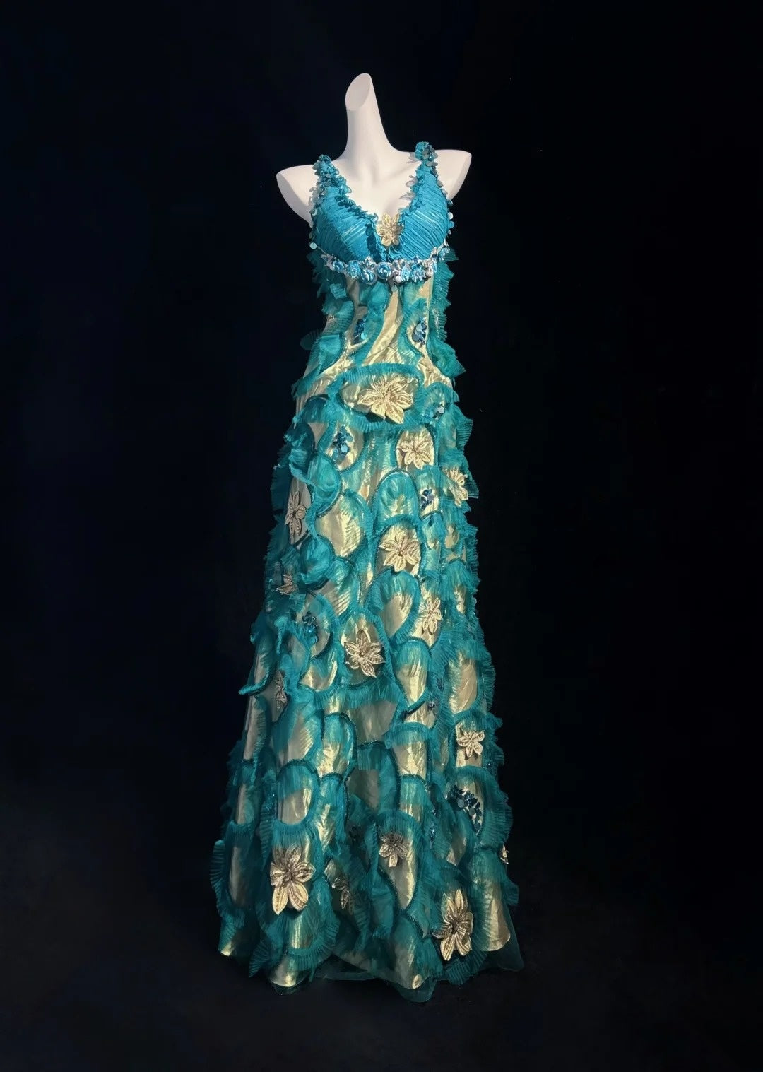 1970s formal dresses Vintage Prom A Line V Neck Blue Tulle With Beads Sleevel – RubyFashionDress WeddingGuestOccasionwear