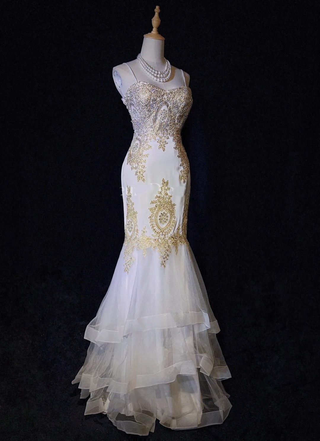 Vintage Prom Dresses Inspo Mermaid Spaghetti Strap White With Gold Lac – RubyFashionDress