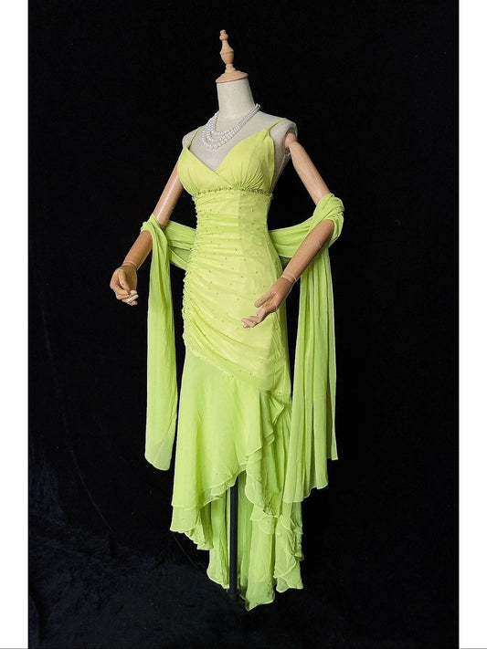 Vintage Prom Dresses 80s Mermaid Spaghetti Strap Green Chiffon Tea Length Evening Outfits N3456