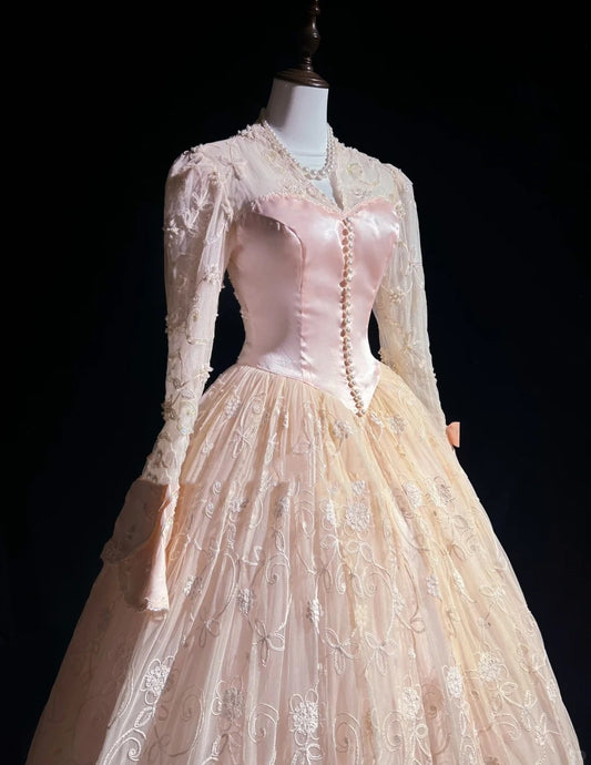 Princess Prom Dresses Ball Gown V Neck Pink Lace With Long Sleeves With Pearls Formal Evening Outfits N3878