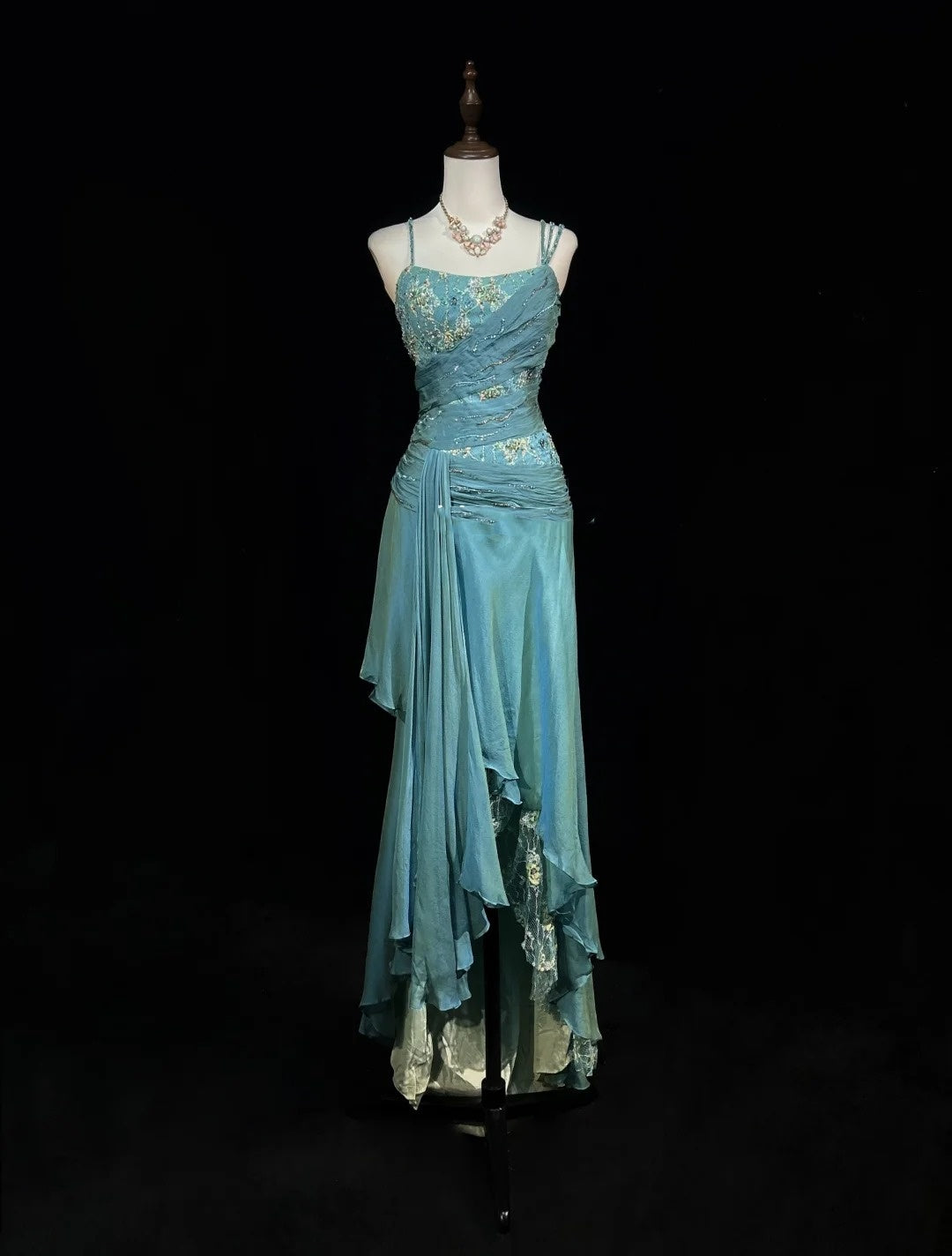Vintage Prom Dresses A Line 2000s Spaghetti Strap Blue Chiffon With Be – RubyFashionDress
