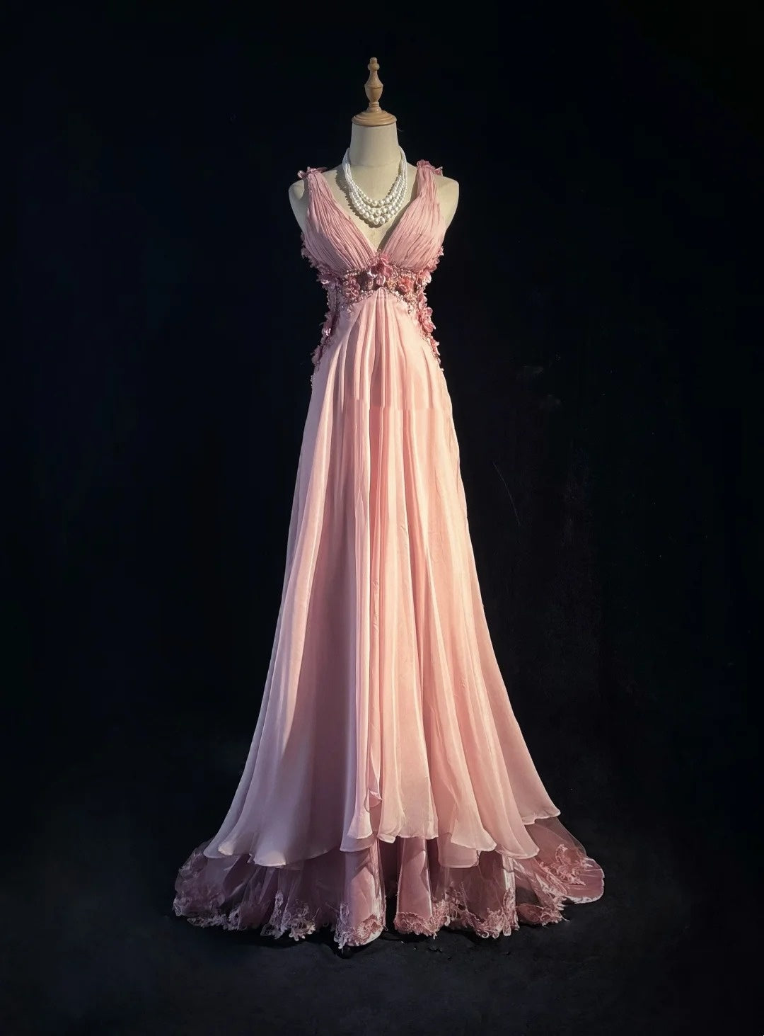 Vintage Prom Dresses A line V Neck Pink Chiffon 70s With 3D Flowers Be – RubyFashionDress