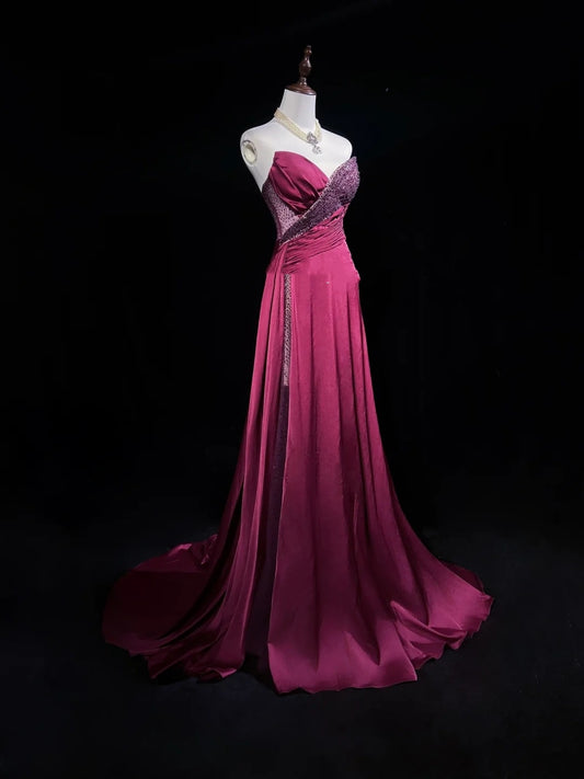 Vintage Prom Dresses A line Sweetheart Hot Pink Satin 70s With Beads Long Formal Gown N2530