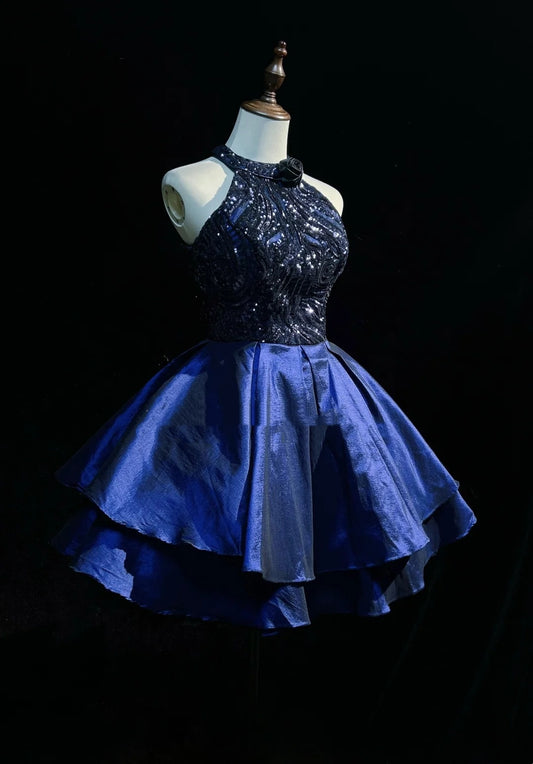 Modest Ball Gown High Neck Navy Blue Satin Sequin Ideas For Women Short Birthday Dresses Mini Homecoming Outfits N3272