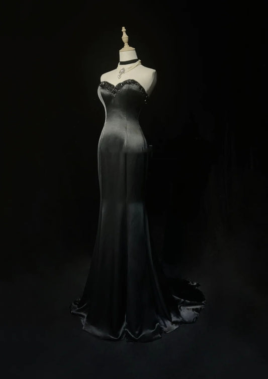 Vintage Prom Dresses Mermaid Sweetheart Black Satin With Beading Long Formal Dress N2507