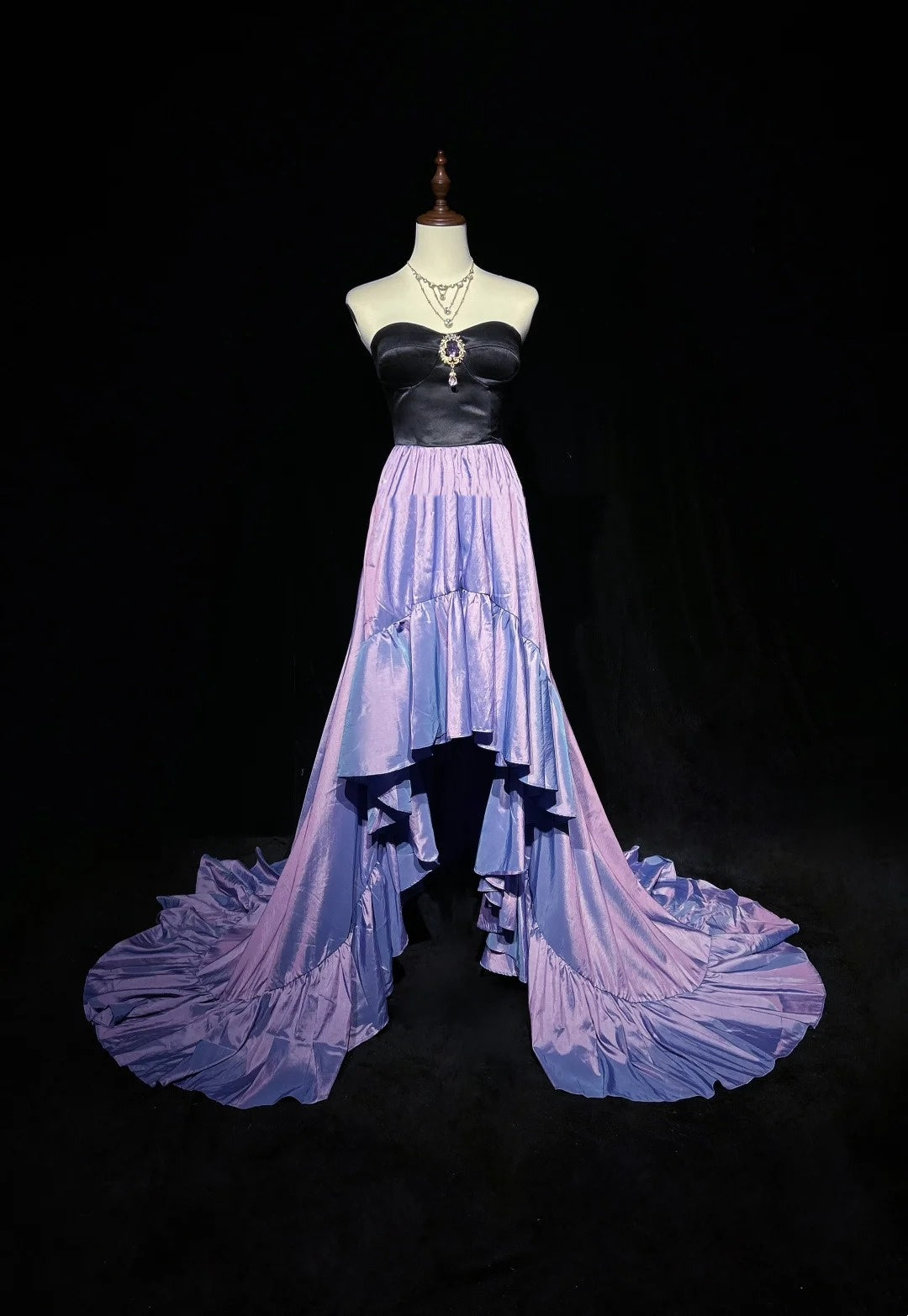 prom 1990s formal dresses Vintage High Low Strapless Lilac Black Satin – RubyFashionDress vacation clothing