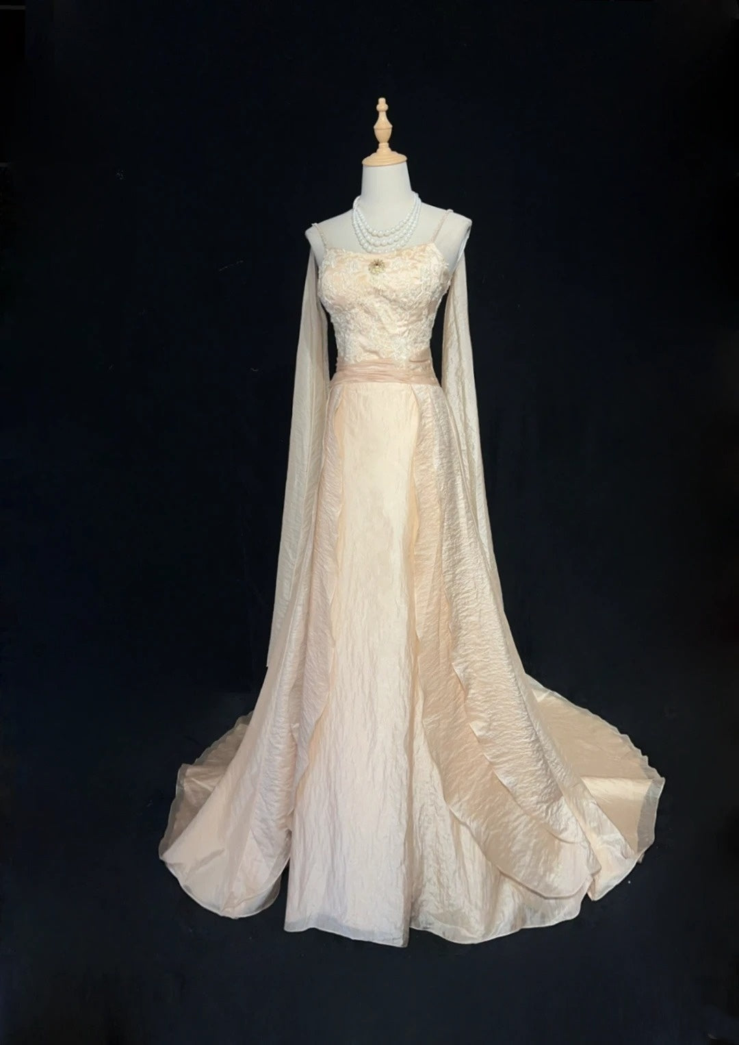 Vintage Prom Dresses A line Spaghetti Strap Champagne With Long Sleeve – RubyFashionDress