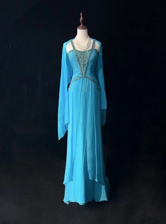 Vintage Prom Dresses A Line Halter Blue Chiffon With Beading Cape Formal Evening Outfits N3853