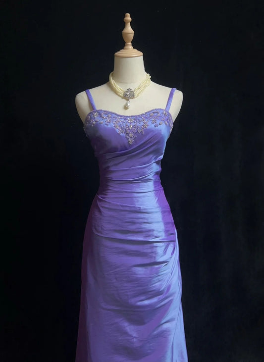 Simple Prom Dresses Sheath Spaghetti Strap Lilac Floor Length Taffeta Formal Evening Dress N3696