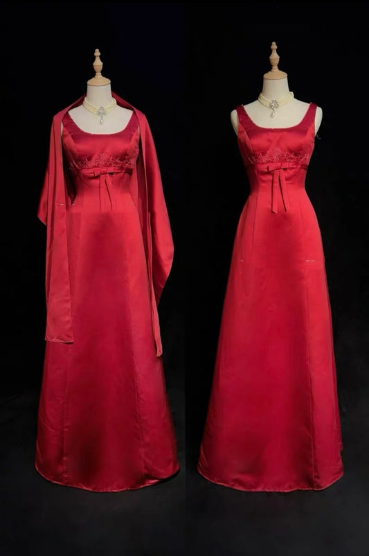 Vintage Prom Dresses Inspo A line Square Neck Red Satin 80s Long Formal Gowns With Cape N2857