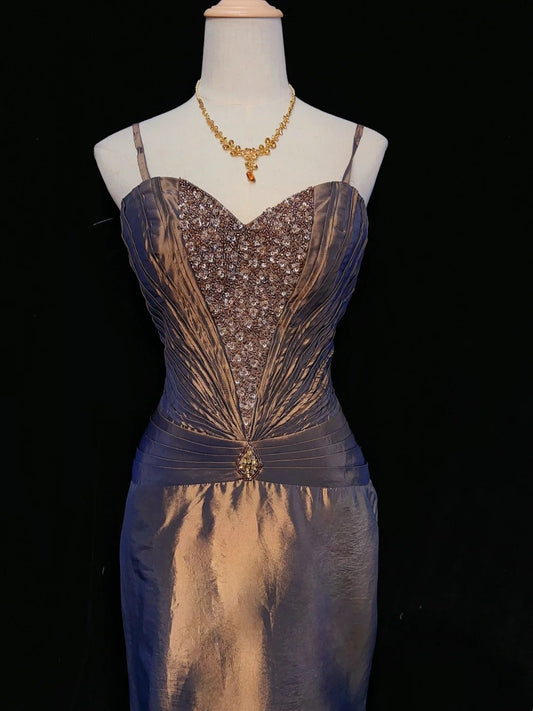 Vintage Prom Dresses Inspo Mermaid Spaghetti Strap Brown Long 80s With Beaded Formal Gowns N3391