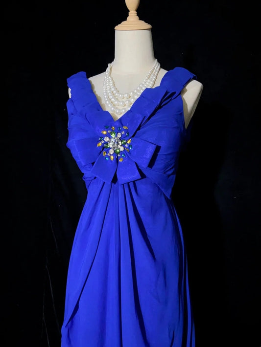 Vintage Prom Dresses Inspo A Line V Neck Royal Blue Chiffon Long 1990s With Beading Formal Gowns N3352