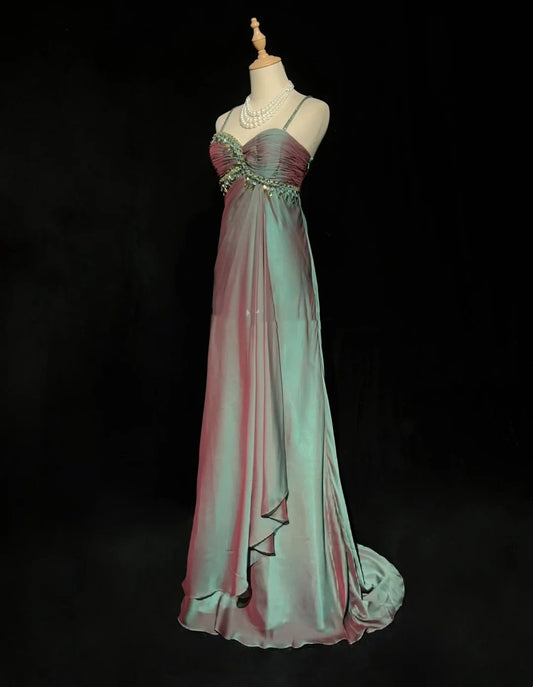 Vintage Prom Aesthetic Dresses A Line Spaghetti Strap Green Chiffon Long Formal Dress N3017