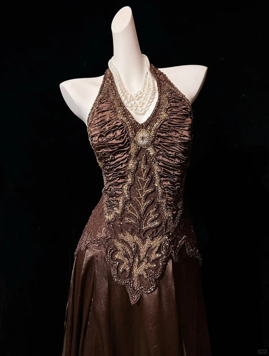 Retro A line Halter Chocolate Long Floor Length Prom Dresses Formal Party Outfits RB3949