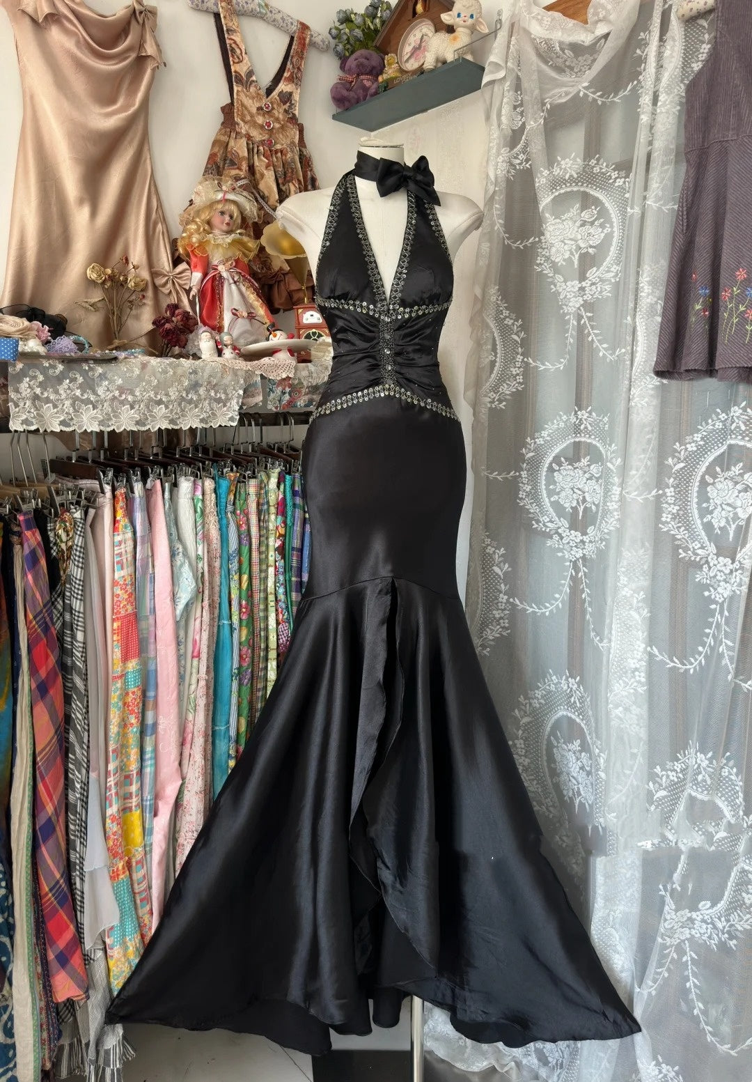 Elegant Mermaid V Neck Black Satin Long Evening Gowns Formal Birthday Dress Prom Dresses N1726