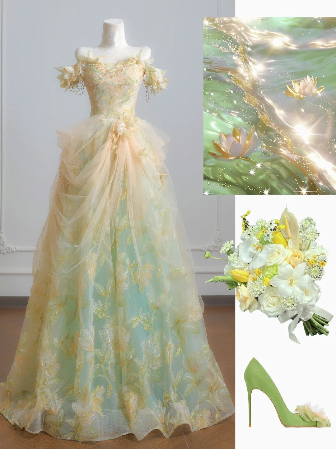 Fairytale Ball Gown Off The Shoulder Green Floral Tulle Long Formal Evening Dress Formal Birthday Gowns Prom Dresses N729