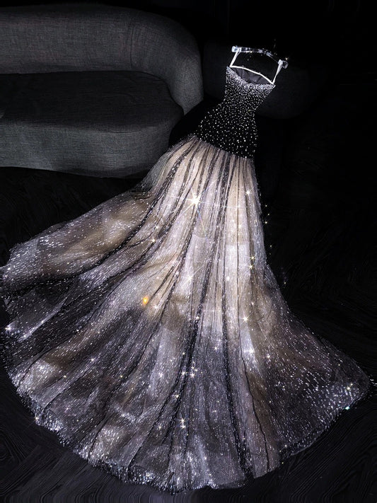 Princess Mermaid Strapless Black Sequined Long Formal Evening Dress Formal 18th Birthday Gowns Prom Dresses N738