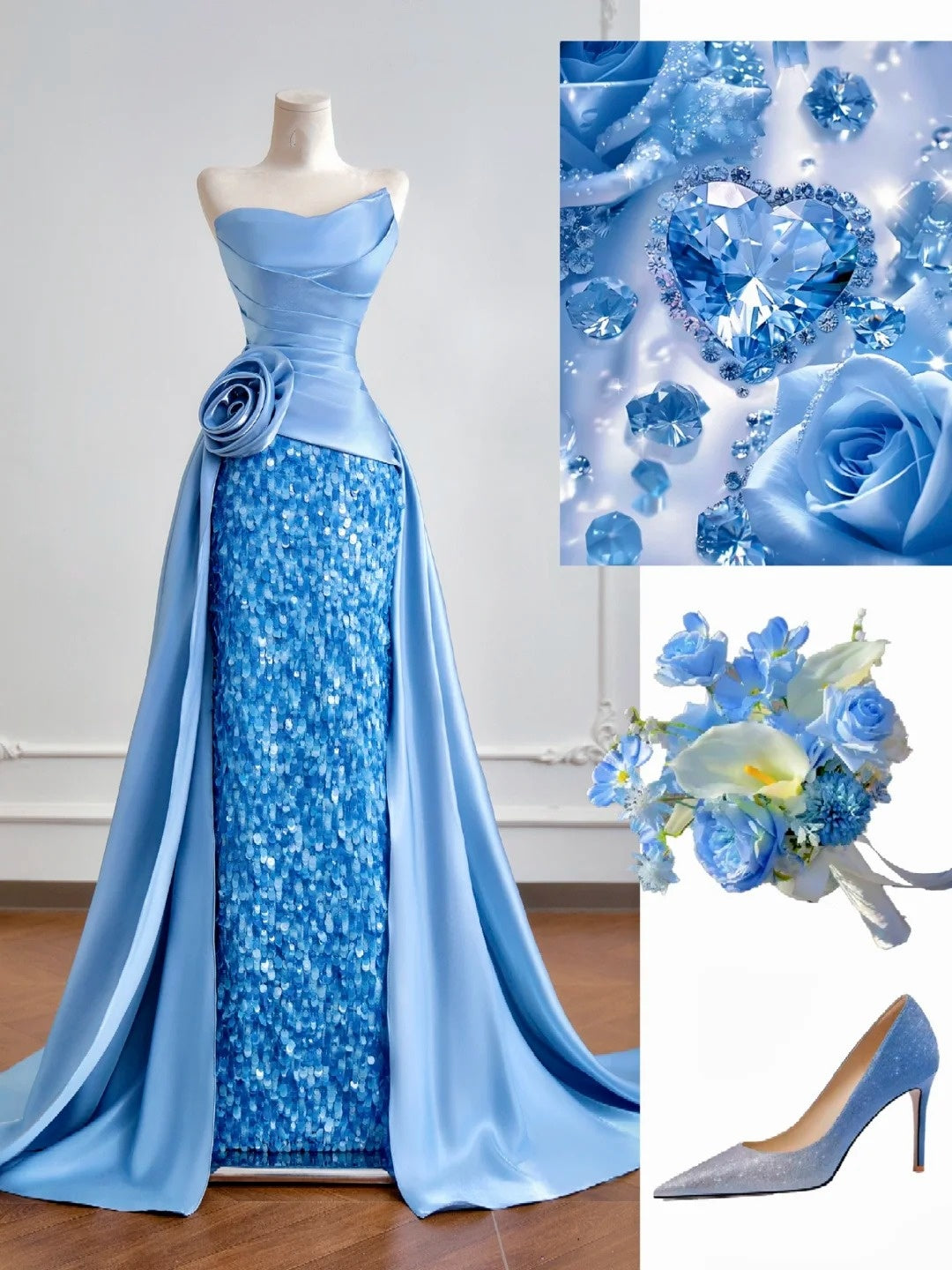 Luxurious Mermaid Strapless Blue Satin With Sequins Prom Dresses Long Evening Formal Birthday Party Gowns N381