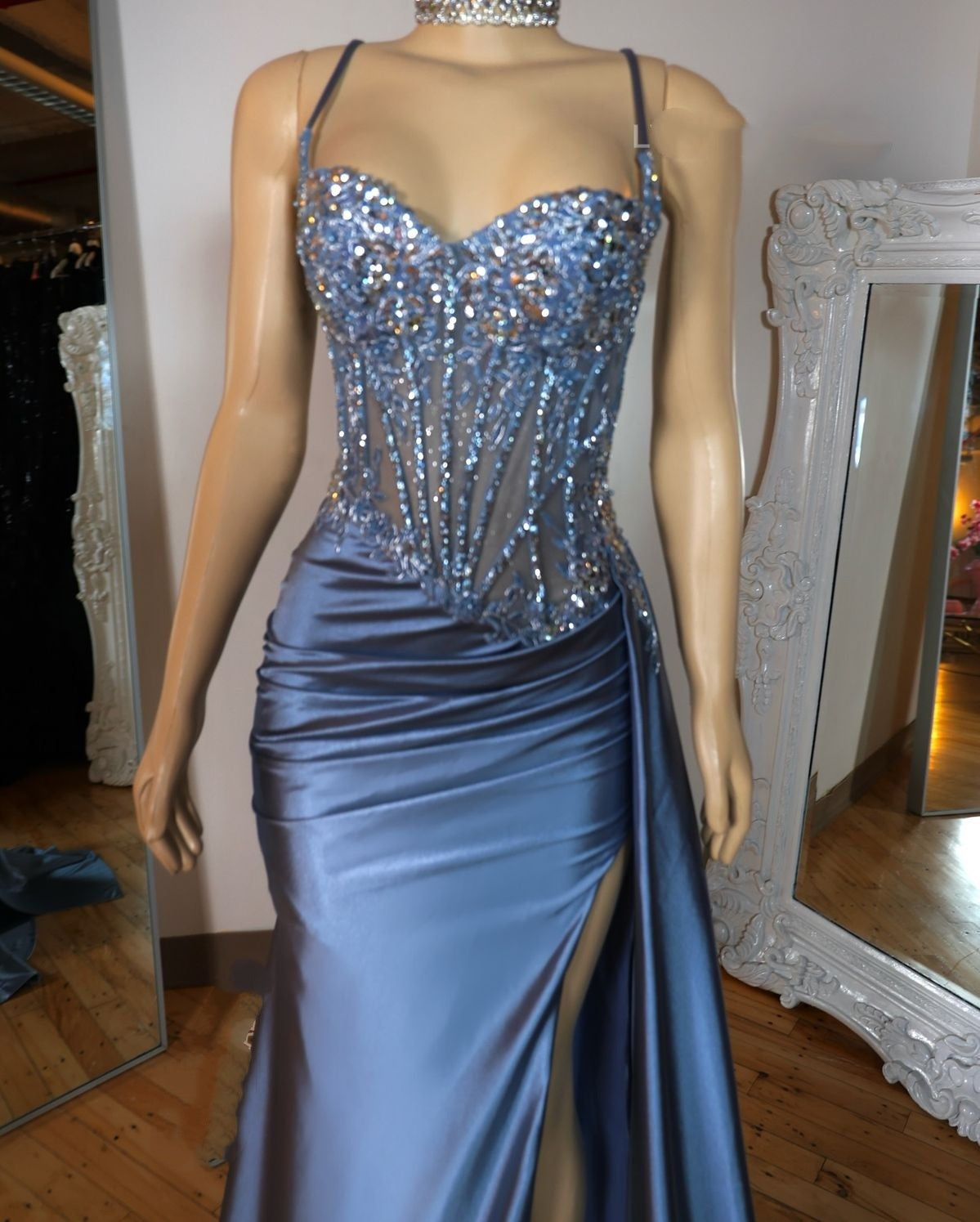 Blue Mermaid Spaghetti Straps Dusty Blue Satin Long Appliques Prom Dress With Slit AB1681