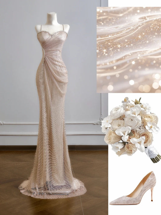 Modest Mermaid Spaghetti Straps Champagne Sequin Long Prom Dresses Impress 18th Birthday Outfits Party Gown N385