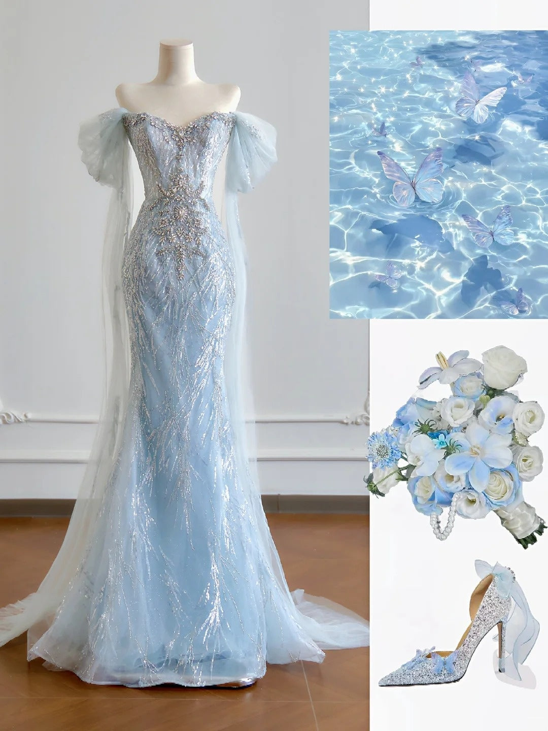 Luxurious Mermaid Off The Shoulder Light Sky Blue With Short Sleeves Prom Dresses Long Evening Formal Birthday Party Gowns N379