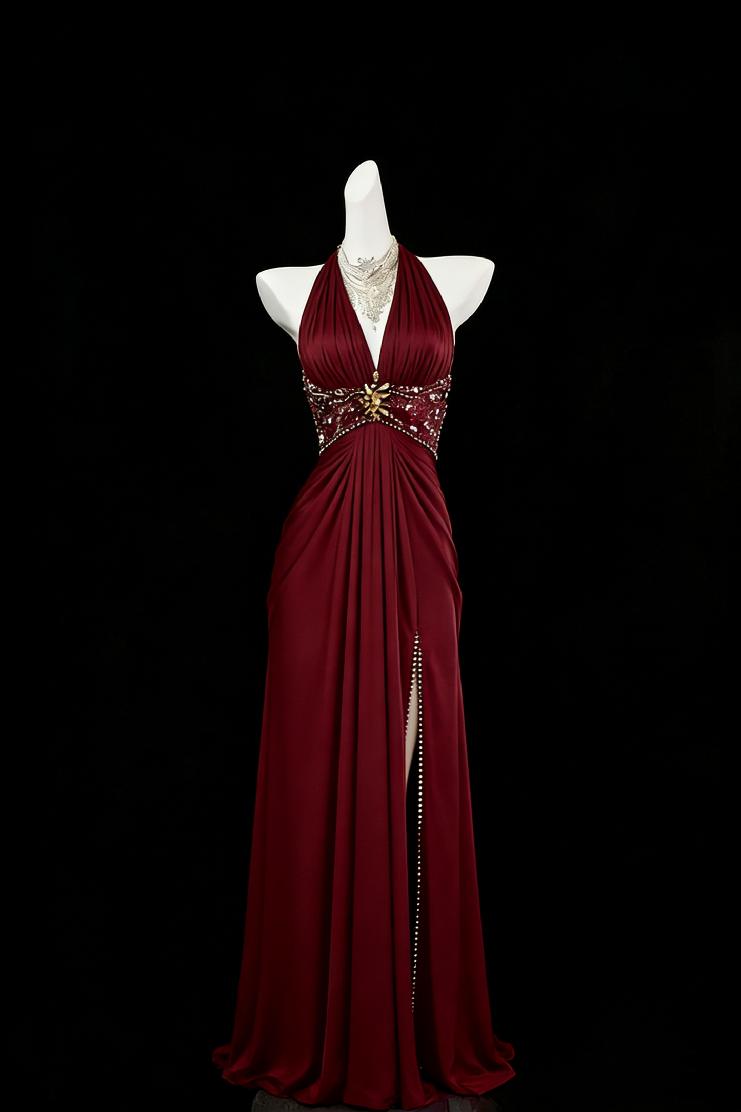 Vintage A Line Halter Burgundy Slit Wedding Guest Dress Satin With Beaded Long Prom Dresses Night Semi Formal Gown N694