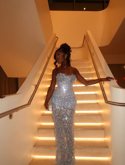 Sparkly Sweetheart Silver Elegant Sequin Long Party Dress Prom Dresses Mermaid Bodycon For Women N4085
